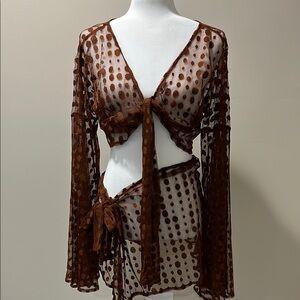 Sheer Brown Polka Dot Tie-Front Top and Skirt Cover Up SHEIN Set Size XL